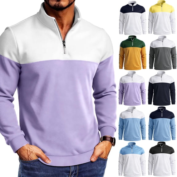 Xaqiouau Mens Colorblock Quarter-Zip Stand Collar Sweatshirt Long Sleeve Ribbed Cuffs Regular Fit Pullover for Spring & Fall Casual Everyday Tops Purple M