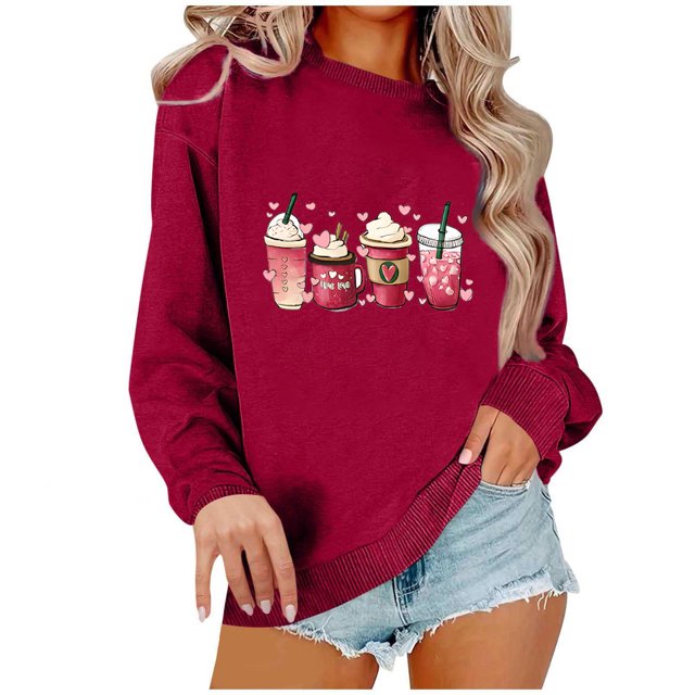 Meichang Chandails en Molleton Col Rond Femmes Saint-Valentin Couples Chandail en Molleton Femmes Imprimé Cœur Mignon Chandails en Molleton Pull Vacances Manches Longues Coupe Ample Cadeaux Vacances Chandails en Molleton