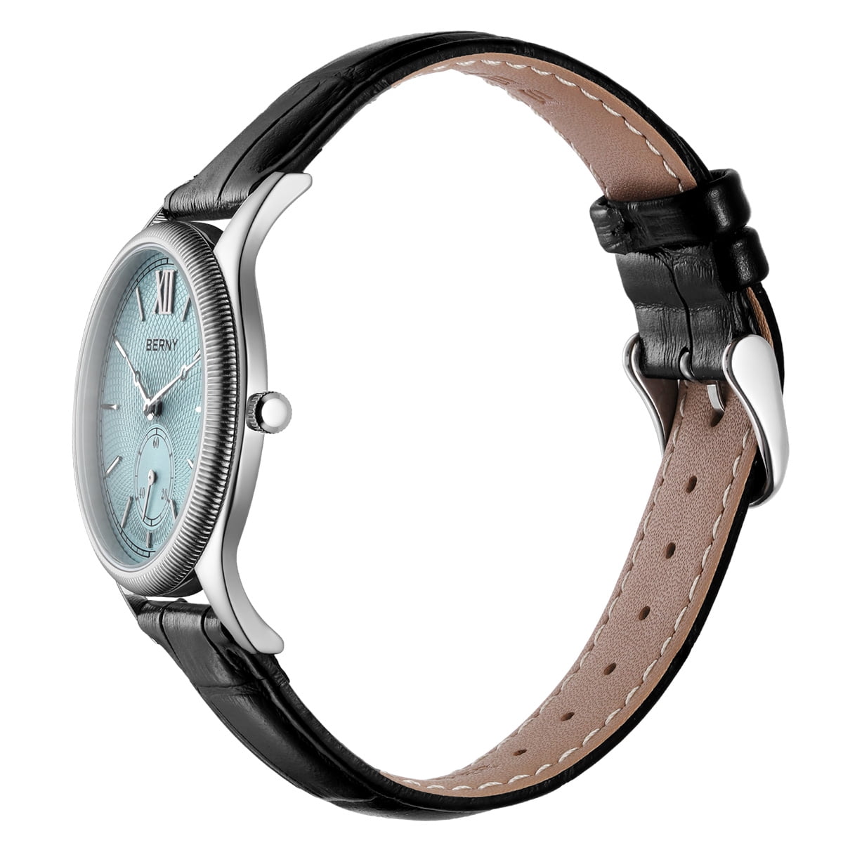 BERNY Silver Watch for Men, Ultra-Thin Minimalist Leather Watch, Stainless Steel Case, Waterproof Analog Quartz Watch, Business Dress Watches with Small Seconds (Light Blue)