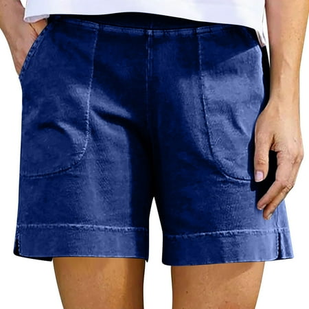 Prdecexlu Womens Shorts Linen High Waist Casual Wide Leg Running Beach Shorts Athletic Solid Color Summer Baggy Shorts with Pockets Blue L