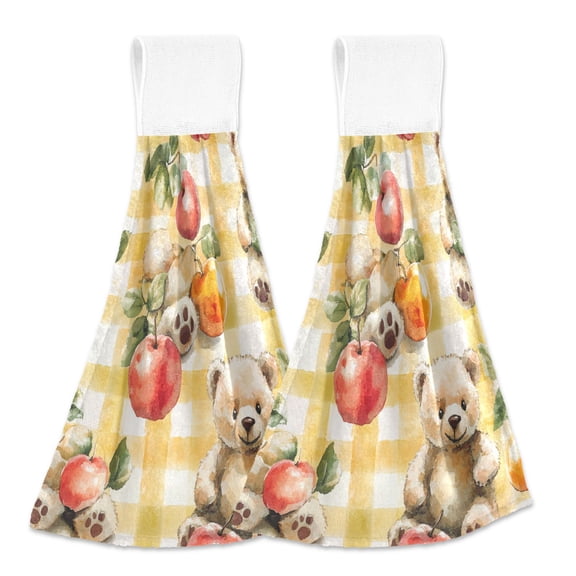 BZSMCE Hanging Hand Towels Fashion Teddy Bears with Orchard Delights Pattern 2-Pack - Velcro Style Bathroom Kitchen Towels
