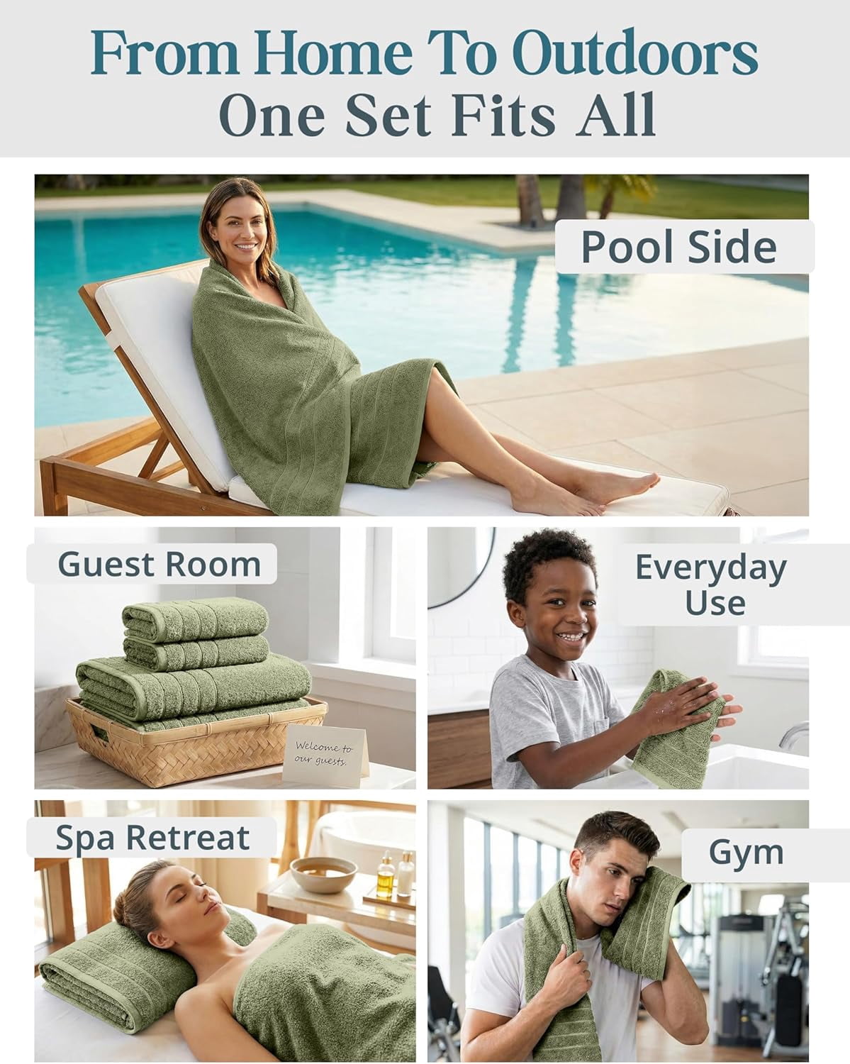 Casa Platino Towel Set of 24 – 100% Ring-Spun Cotton, 2 Bath Sheets, 2 Gym Towel, 2 Bath, 4 Fingertip, 6 Hand, 8 Washcloths, Perfect for Families, Soft After Every Wash – Oil Green