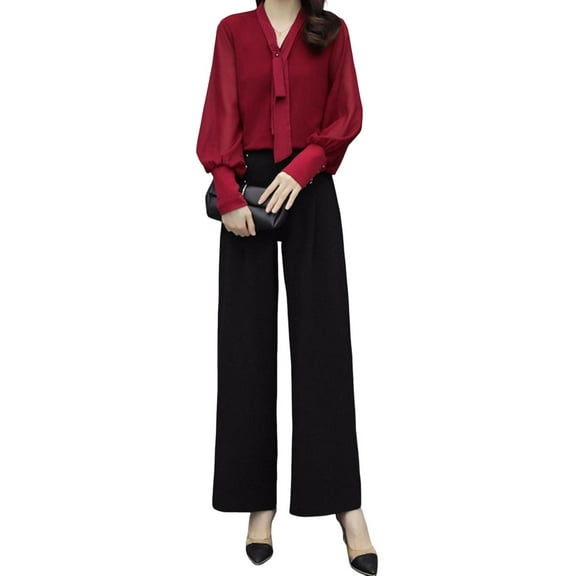 2 Pcs/Set OL Commuting Outfit Shirt Pants Set Pure Color V Neck Long Sleeve Blouse High Waist Wide Leg Trousers Business Office Clothes