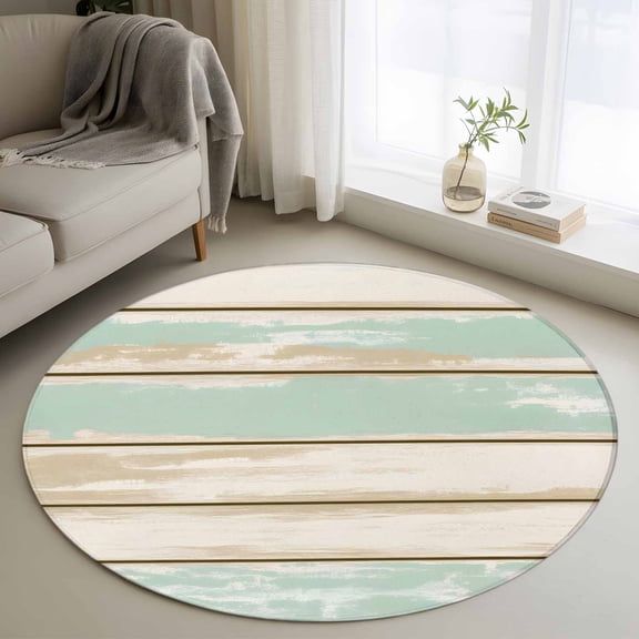 Green Beige Striped Round Rug 3.3ft Washable Circle Entryway Rugs Non Slip Vintage Farmhouse Wood Grain Area Rug Indoor Floor Carpet for Bedroom Kitchen Living Room Home Office Dining Room Nursery