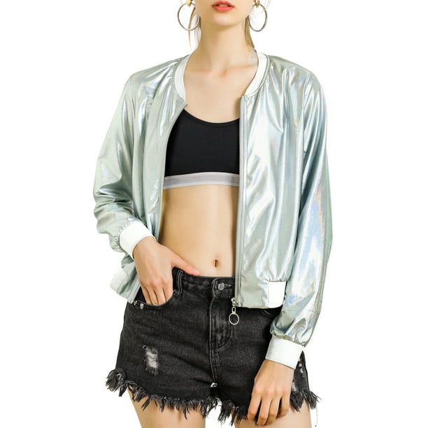 CHAQUETA BOMBER CORTA METÁLICA CON CREMALLERA Y CUELLO ALTO PARA MUJERES CHIC CASUAL 3XL PLATA CLARA