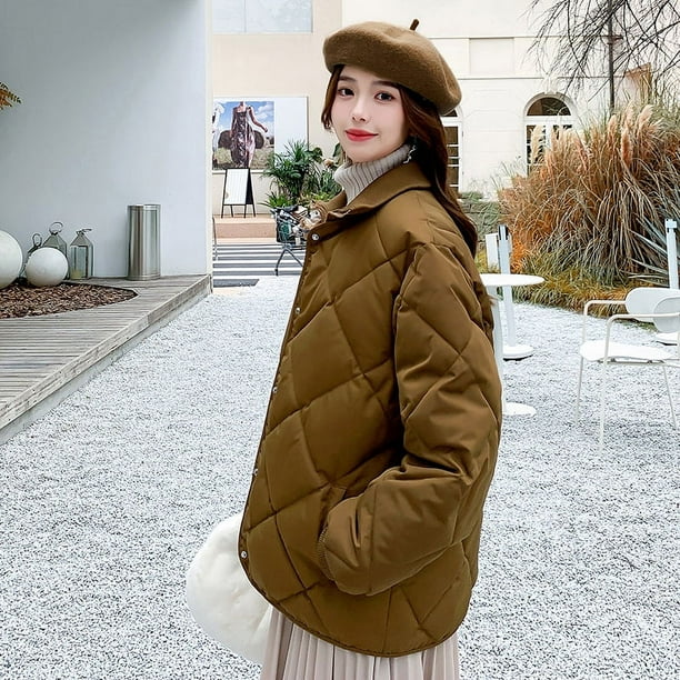 Chaqueta acolchada de algodón para mujer, corta, con forma de diamante, cuello redondo a cuadros, costura falsa de dos piezas, acolchada de algodón roscada, estilo académico ligero y suelto