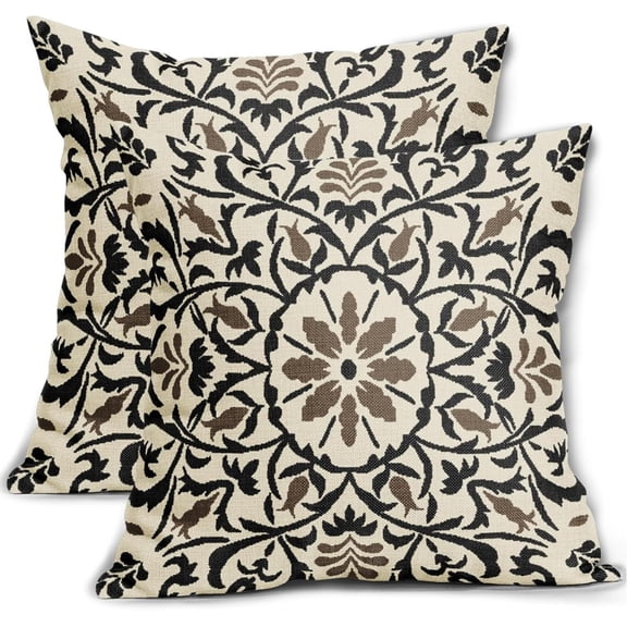 LXLP Black Brown Boho Pillow Covers 20x20 Inch Bohemian Ethnic Carpet Style Vintage Flower Print Decorative Throw Pillows Outdoor Linen Square Cushion Case Farmhouse Decor for Sofa Bed Set of 2