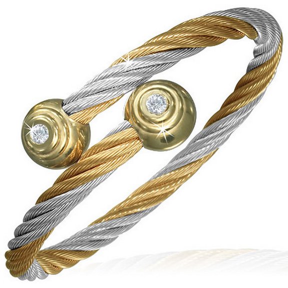 Stainless Steel Silver Two-Tone Twisted Cable CZ Womens Cuff Bangle