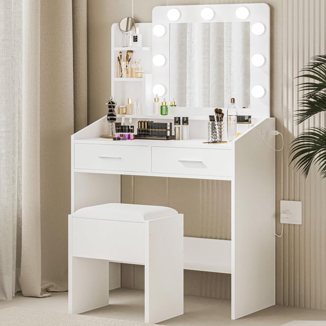 GloryStar Dressing Table with Mirror and 3 Lighting Modes, LED Vanity Desk with Power Outlet, Cushioned Stool, and Two Drawers