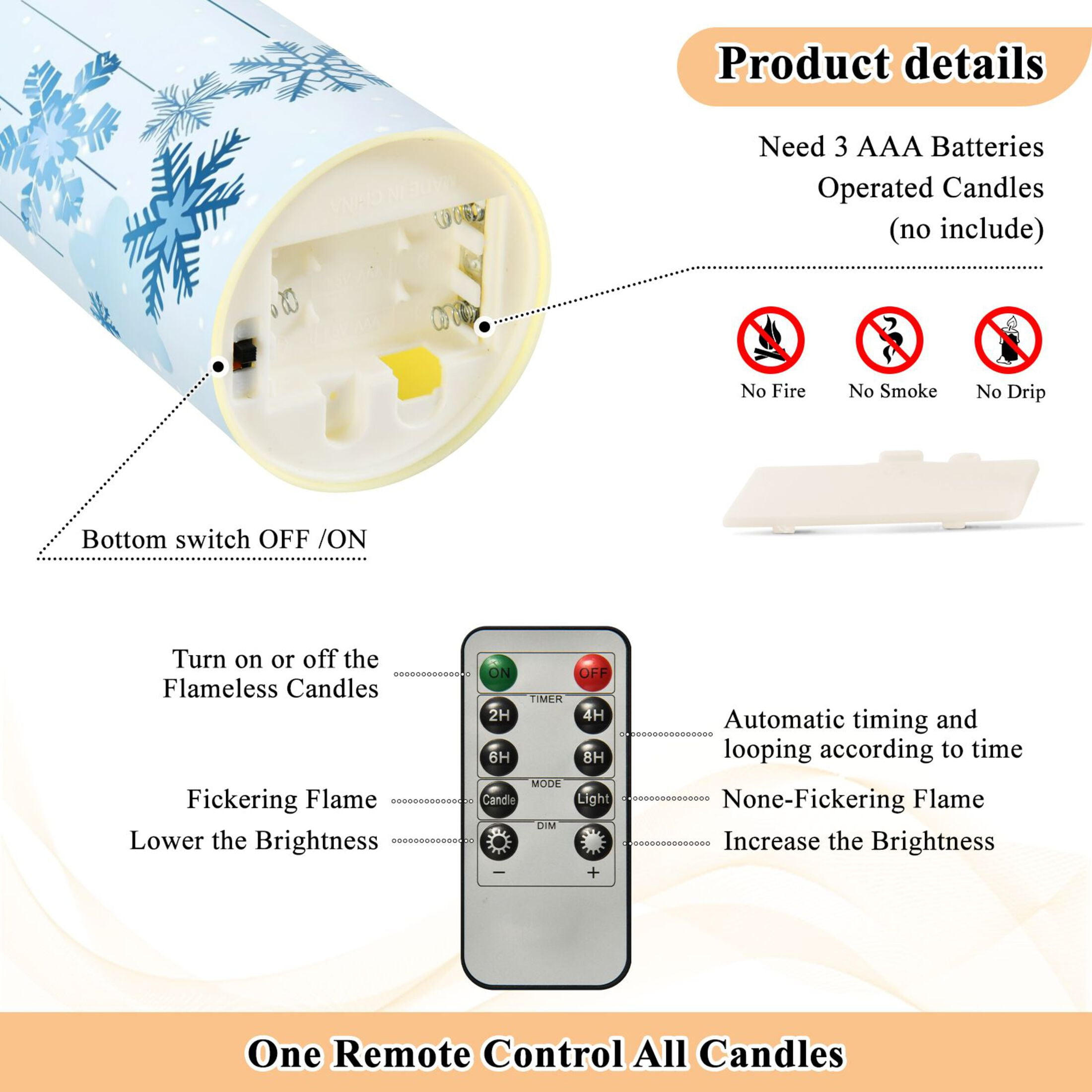 2 PCS Tilted Flameless Candles Flickering LED Lights Battery Operated Candles with Remote Timers for Holiday Decor Hanging Snowflakes