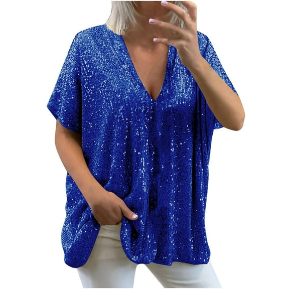 Oplxuo Sequin Tops for Women Sexy Deep V Neck Short Sleeve Sparkly Blouse Loose Fit Casual Pullover Party Tunic Shirts