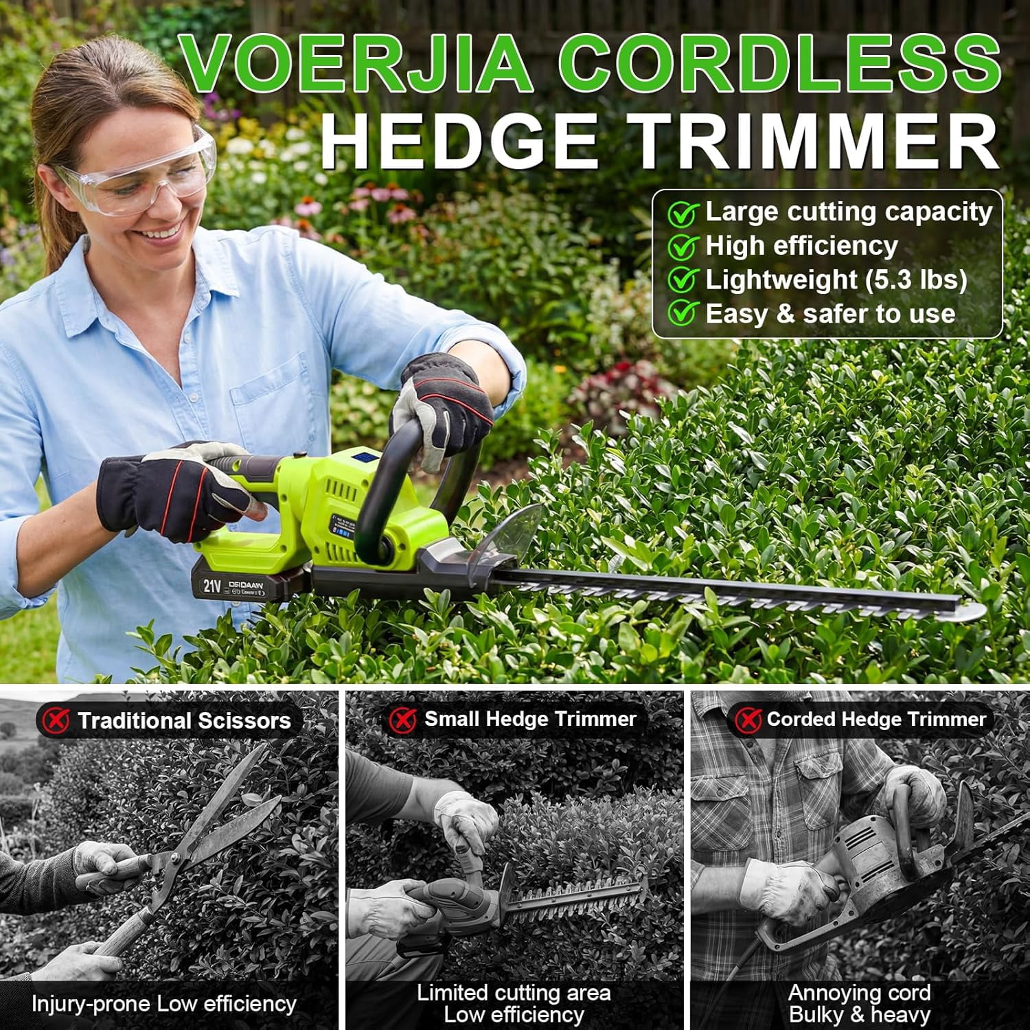 21V Lightweight Cordless Hedge Trimmer with Dual Batteries, 20 Inch Electric Bush Cutter for Shrubs