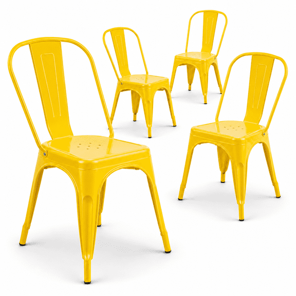 Metal Dining Chairs Set of 4, Stackable Chairs with Backrest, Indoor Outdoor, Yellow