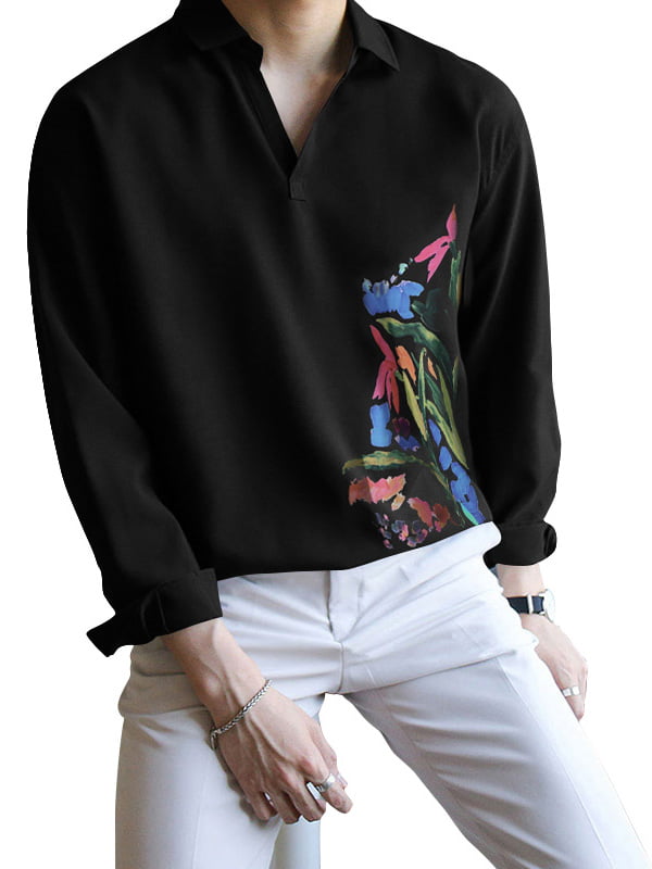 Mens Long-Sleeved Floral Printed Leisure and Fashion Shirt 