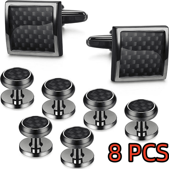 8pcs Mens Carbon Fiber Cufflinks and Shirt Studs Set Tuxedo Shirts Business Wedding Silver Black Gold Tone