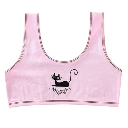 

ZUARFY Young Girls Cotton Training Bra Cartoon Black Cat Print Striped Wide Strap Underwear Double Layer Wireless Unpadded Crop Top Sports Vest