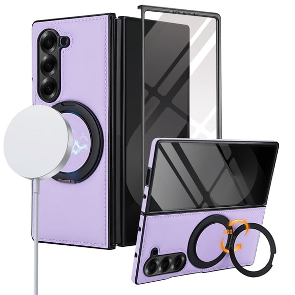 Magnetic Case for Samsung Galaxy Z Fold 7 with Glass Screen Protector, with Ring Stand & Secure Built-in Ring Grip, PU Leather Invisible Stand Slim Protective Shockproof Phone Cover, Lightpurple