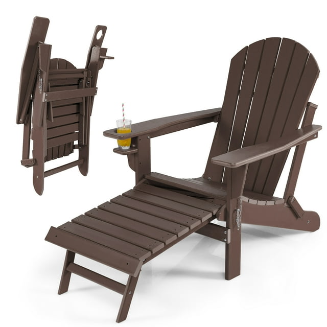 Costway Patio Folding Adirondack Chair HDPE All-Weather Pull-Out Ottoman Coffee