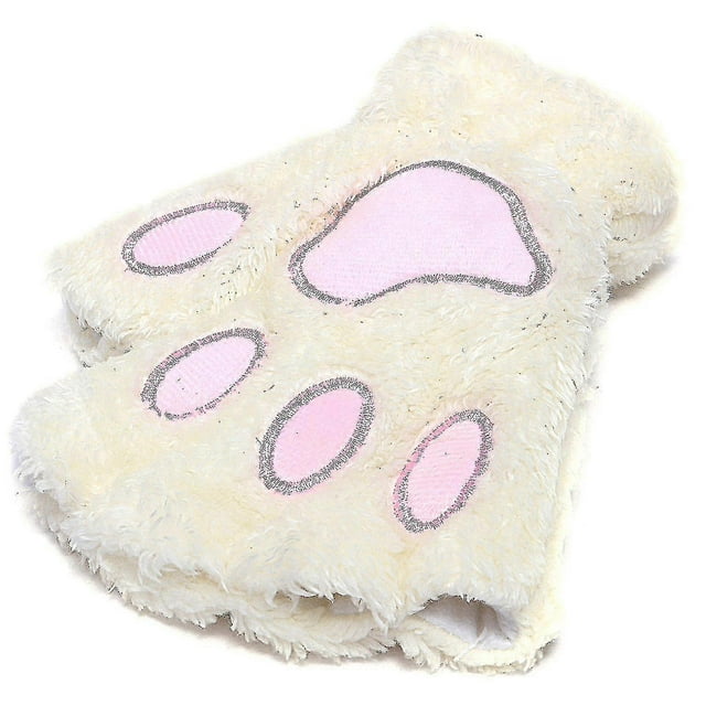 Womens Bear Plush Cat Paw Claw Glove White Soft Winter Fingerless Mitten Gloves White
