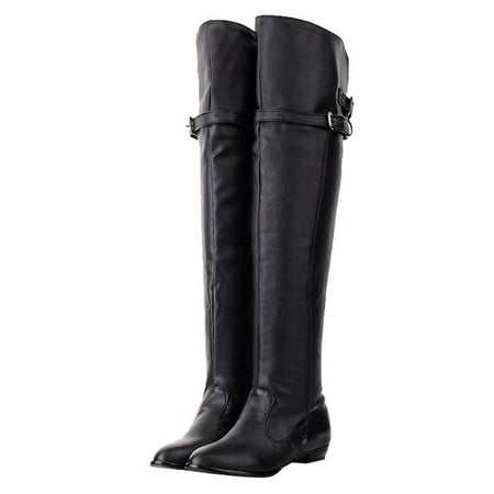 

Inkach Women Boots Long Boots Knight Boots Round Head High Belt Buckle Flat Boots