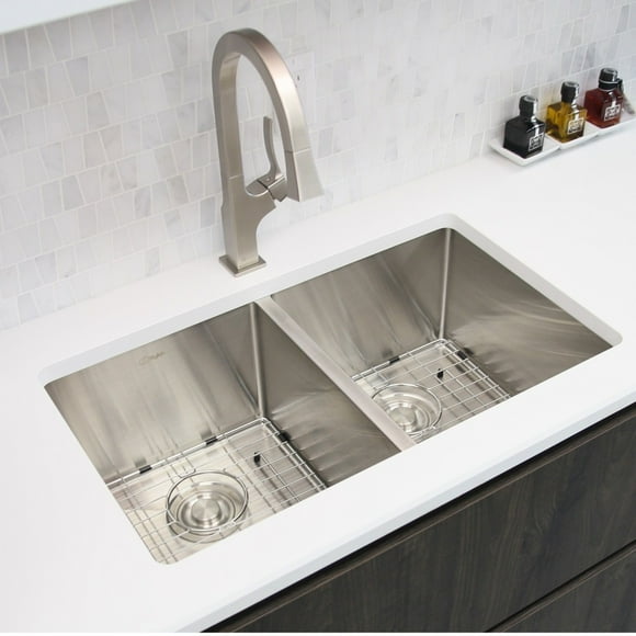 STYLISH Double Bowl Undermount and Drop-in Stainless Steel Kitchen Sink with Grids and Strainers S-304TG