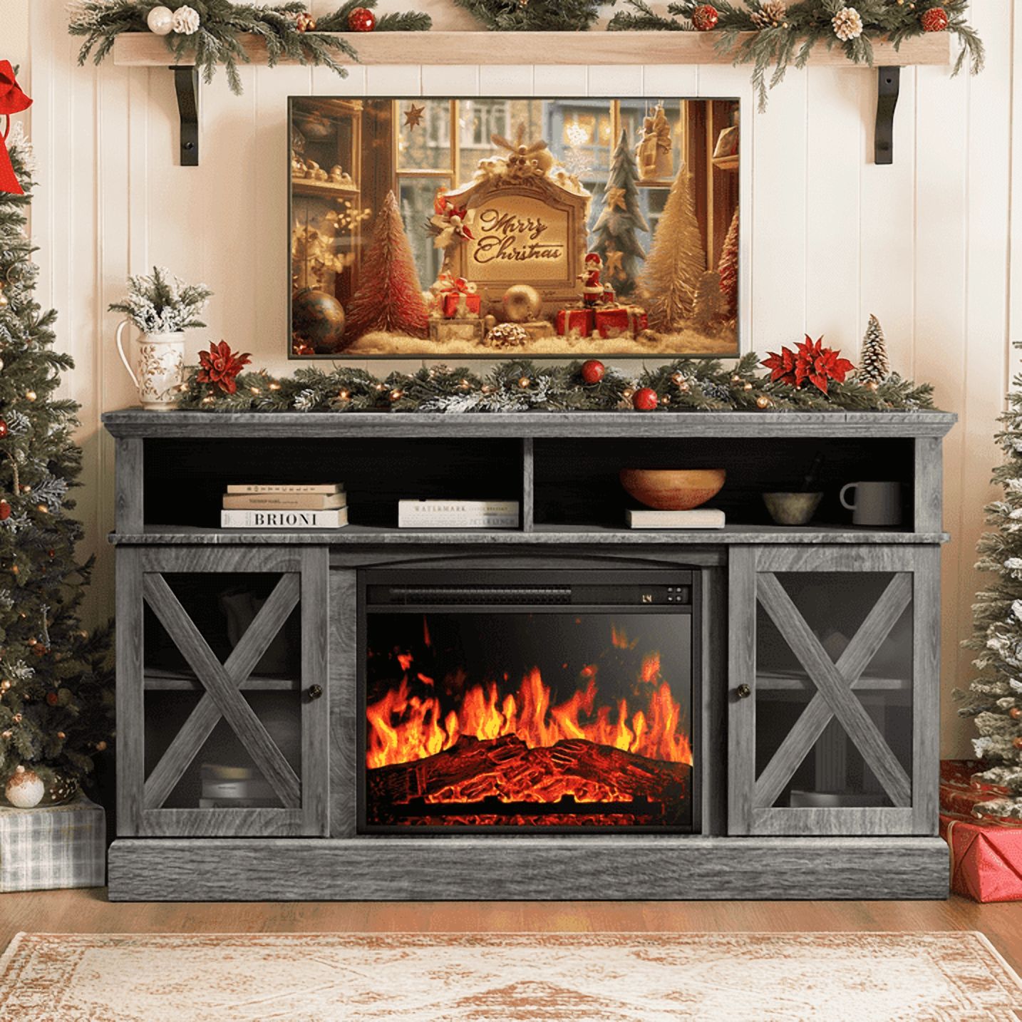 Electric Fireplace TV Stand for 75 inch TVs Farmhouse TV Console with 23″ Fireplace, Gray