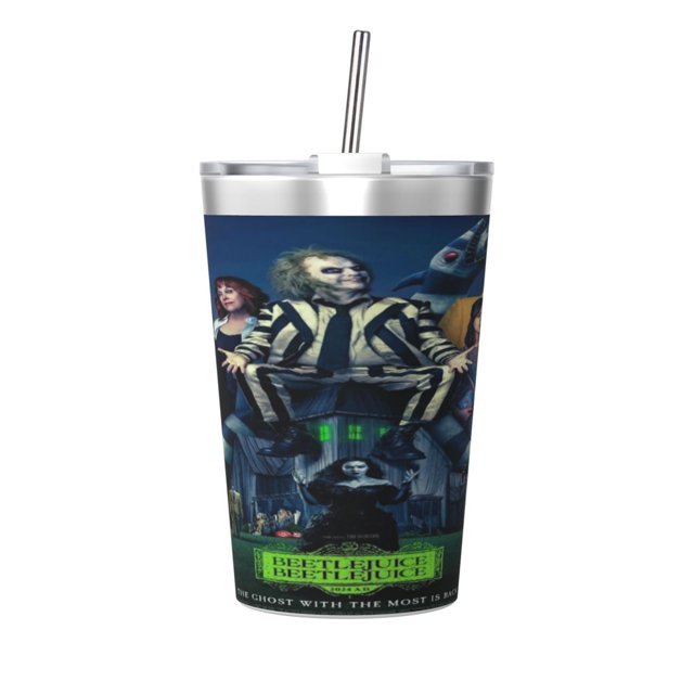 Termo Beetlejuice con pajita cónica, doble pared, aislamiento al vacío, impresión de acero inoxidable, 12 oz, color blanco