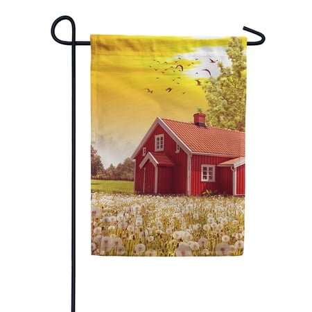 America Forever Red Country Barn Summer Garden Flag 12.5 x 18 inches Dandelion Farm Birds White Floral Double Sided Seasonal Yard Outdoor Decorative Sunset Rustic Garden Flag