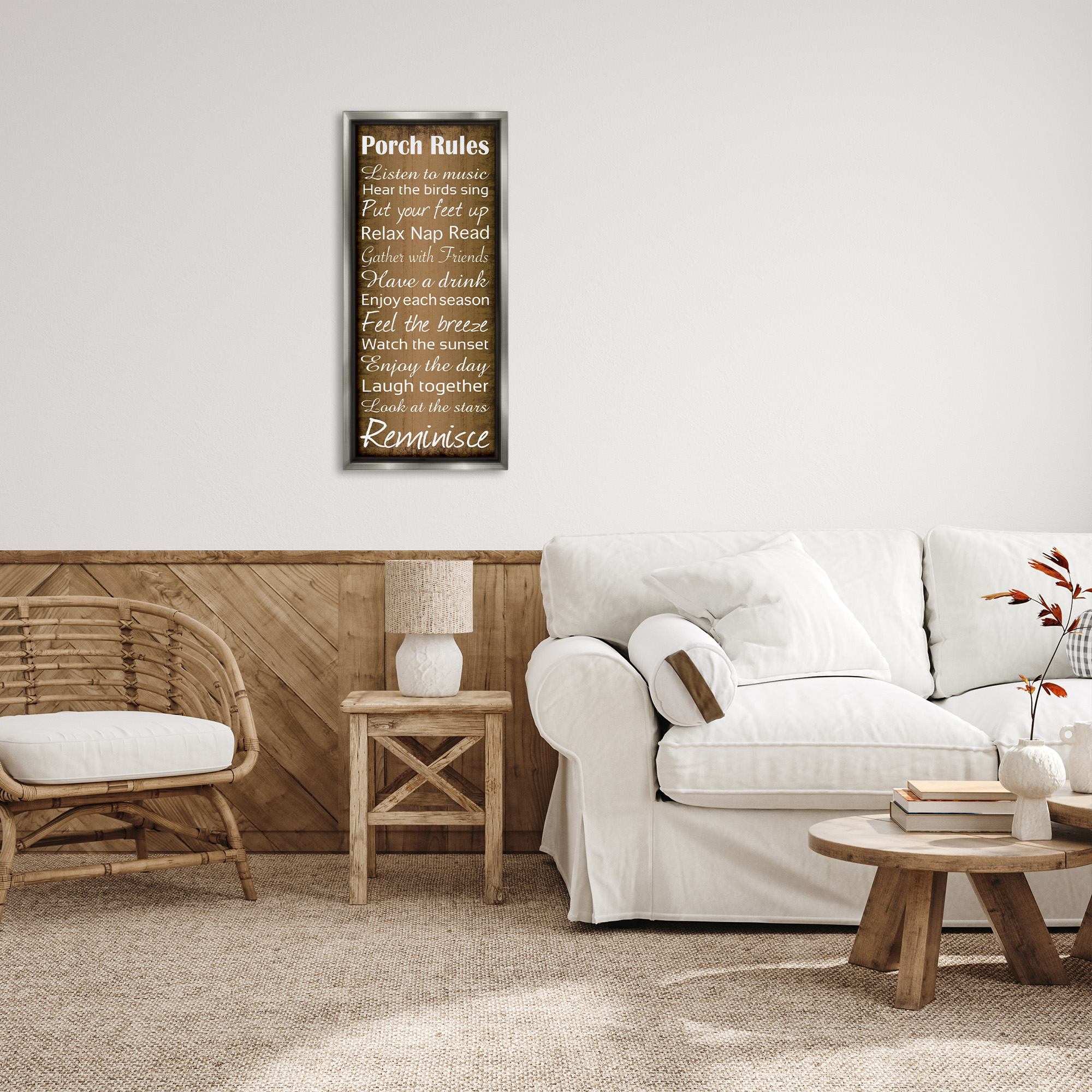Stupell Industries Porch Rules Country Rustic Typography Painting Gray Floater Framed Canvas Art Print Wall Art, 15 x 31