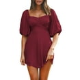 thumbnail image 3 of Womens Summer Dresses Square Neck Tie Back Lantern Sleeve Ruffle A-Line Casual Dress Wine Red S, 3 of 9