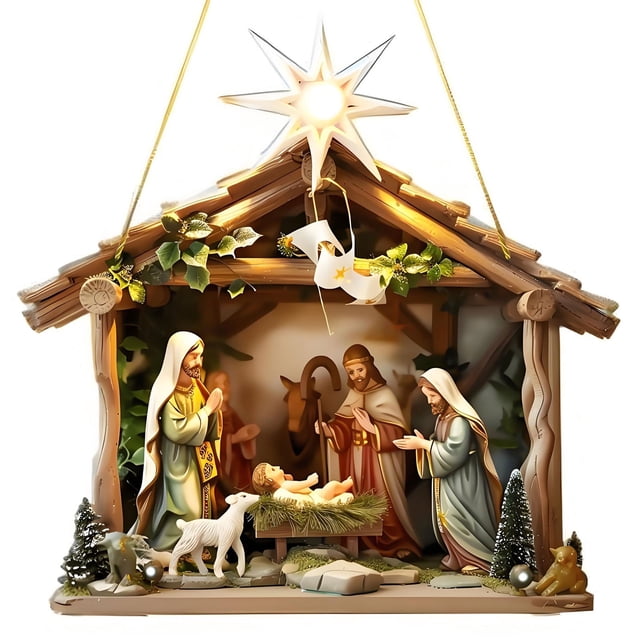 Warm Home Nativity Scene Pendant, Hanging Window Porch Ornament For Outdoor Christmas Decor, Religious Holiday Accent