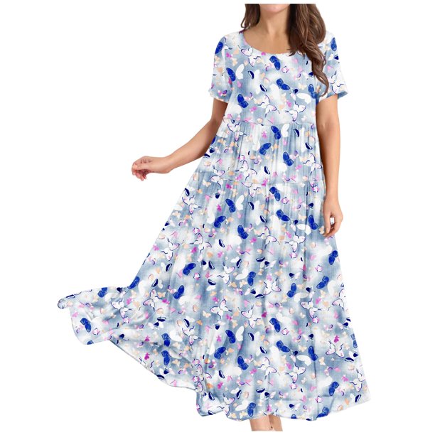 ICHUANYI Clearance Women Casual Loose Bohemian Floral Dresses With Pockets Short Sleeve Summer Beach Swinging Dress(Navy, M) ICHUANYI WER2023080702332