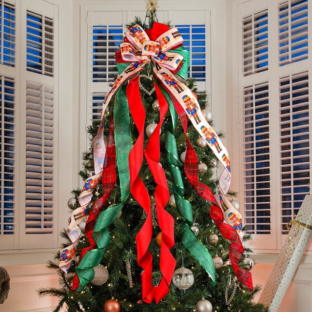 Adorno para árbol de Navidad, adorno para árbol de Navidad, lazo, serpentina y cinta estampada, lazo para adorno de árbol de Navidad para decoración navideña del hogar