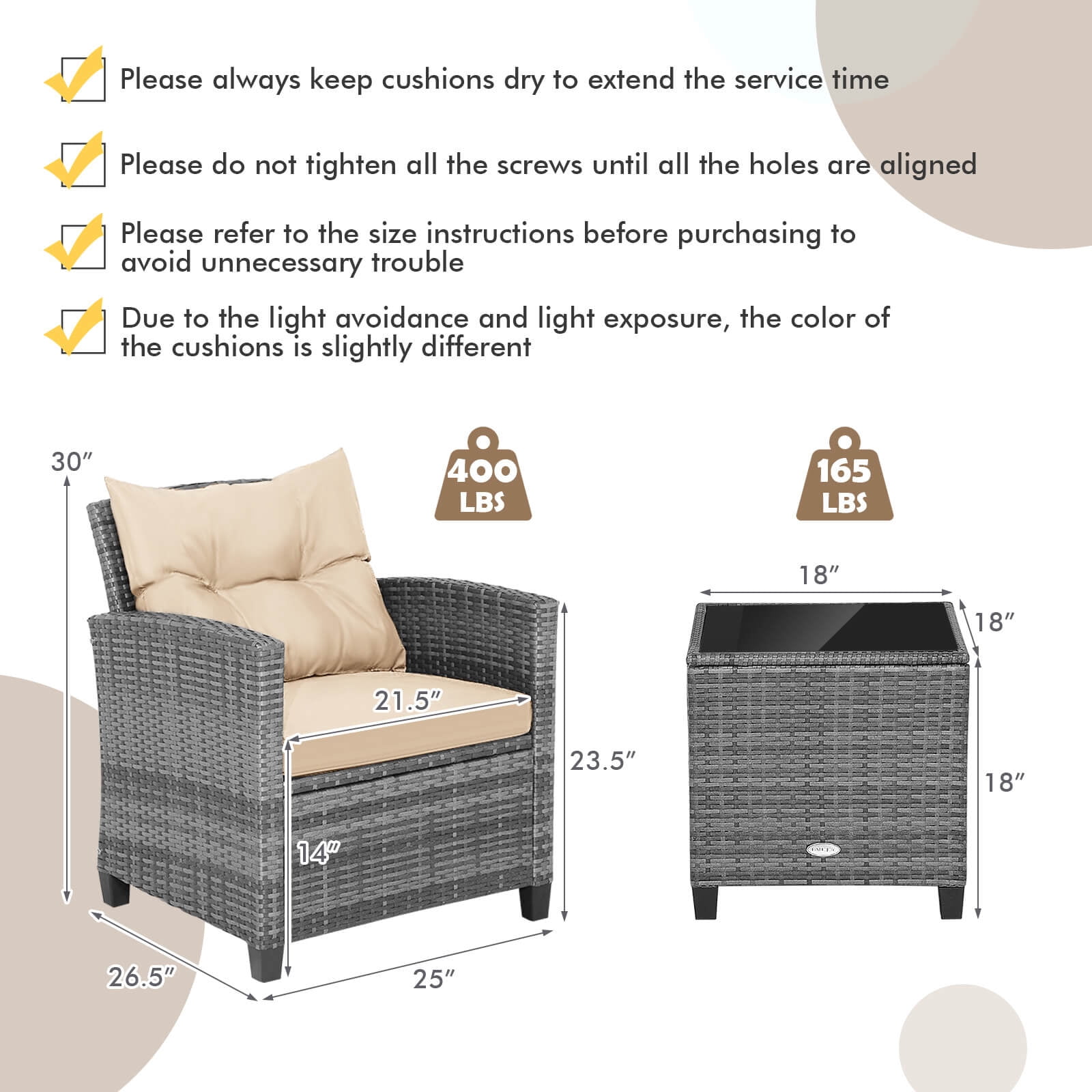 Costway 3PCS Patio Rattan Furniture Bistro Set Cushioned Sofas Side Table Armrest Mix Gray + Brown