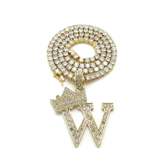 iJewelry2 Kings and Queens Crowned Initial Letter W Pendant Gold-tone CZ Tennis Chain Necklace 18''