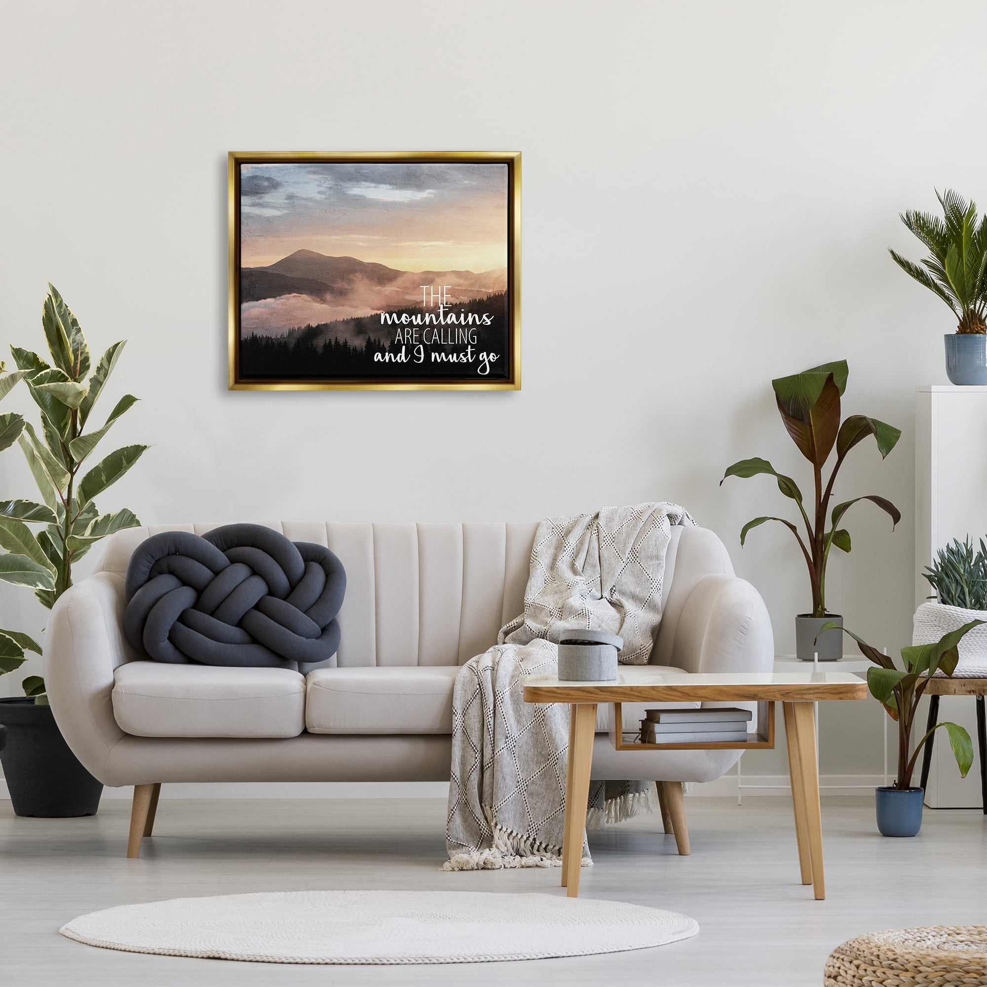 Stupell Industries Mountains Are Calling Landscape Landscape Painting Gold Floater Framed Canvas Art Print Wall Art, 31 x 25
