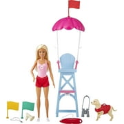 Barbie Lifeguard Playset, Blonde Doll (12-in/30.40-cm), Swim Outfit, Lifeguard Chair, Umbrella, Megaphone, Binoculars, 2 Flags, Dog Figure & More, Great Gift for Ages 3 & Up