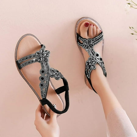 

BRISEZZS Women s Flat Sandals- Boho Casual Beach Sandals Thin Straps Open Toe Summer Sandals #808 Black
