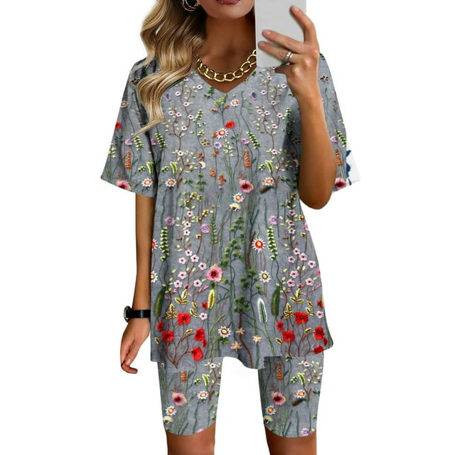 Ensembles Courts Femmes 2 Pcs Tenues Vacances Mode Femmes Blouse Col en V Manches Courtes Hauts Shorts Ensemble Décontracté Tenues pour Femmes 2 Pcs en Liquidation