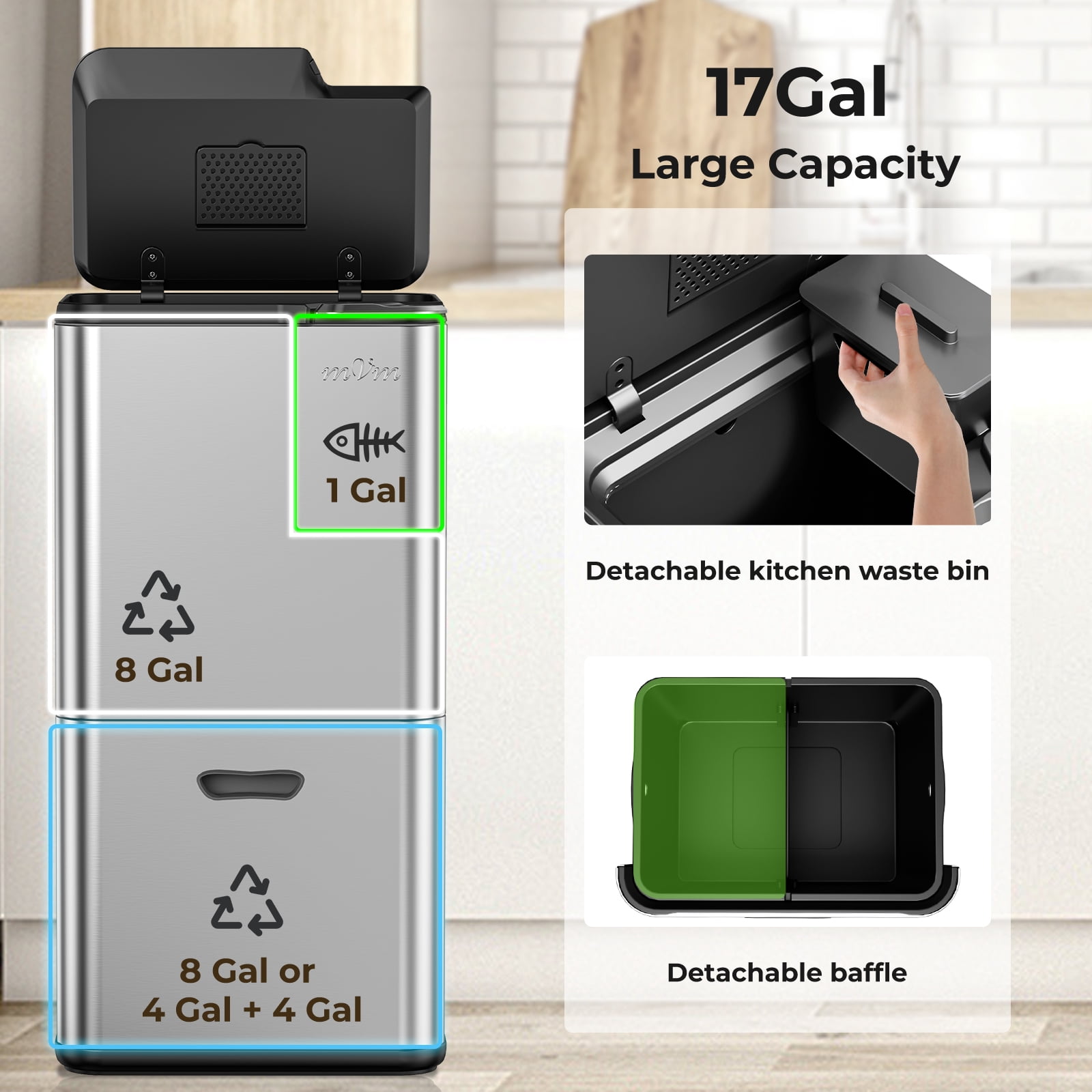 mVm 16 Gal Stainless Steel Trash Can , Dual Compartment (32L+28L) Brushed Steel Garbage Bin with Lid and Odor Filter