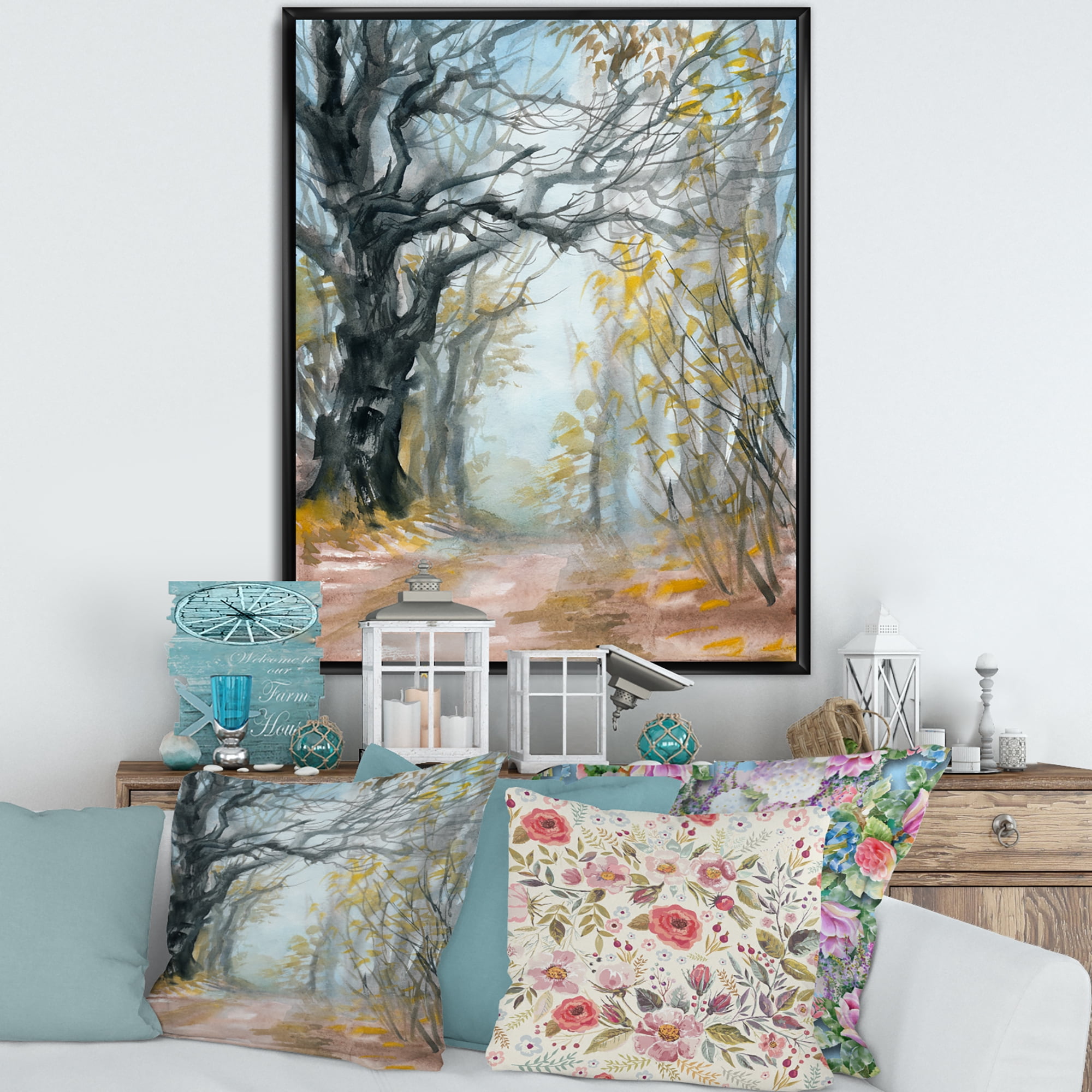 Designart 'Autumn in Misty Forest' Lake House Framed Canvas Wall Art Print