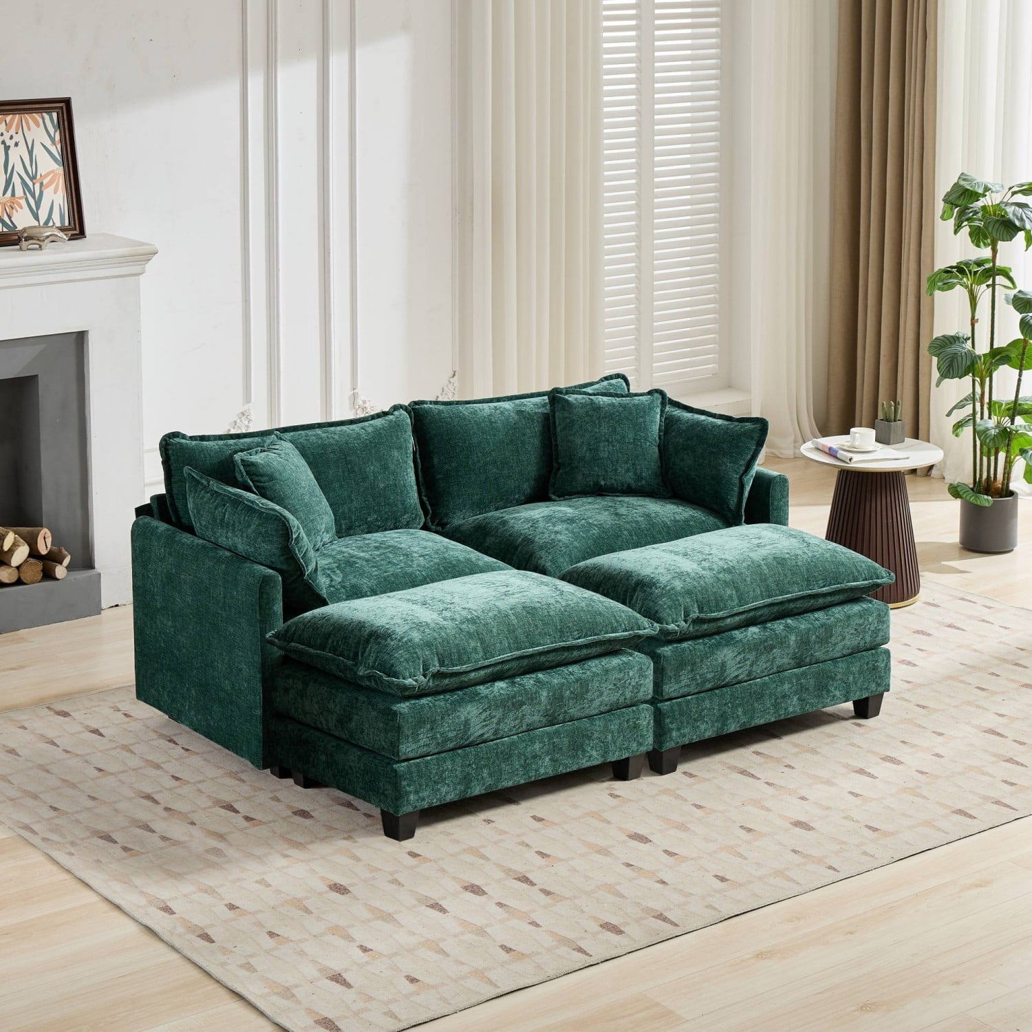 Cloud Sofa Ottoman, Modular Oversized Ottoman for Sectional Couch, Chenille Upholstered Footrest Stool for Living Room, Bedroom, Apartment, Green