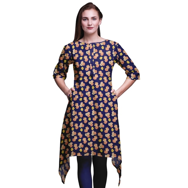 Bimba Kurti Asymétrique à Imprimé Floral de Roses Grandiflora Bleues pour Femmes, Robe d'Été Indienne Tunique, Moyen