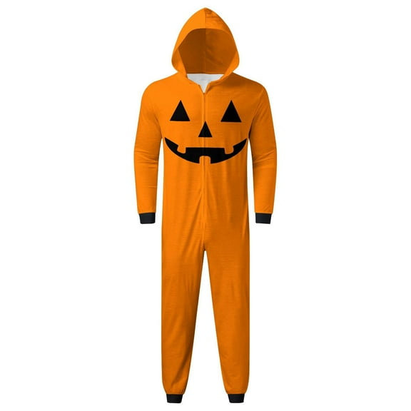Vividxx Family Matching Pajamas Men's Halloween Parent Child Printed Hooded Zipper Home Jumpsuit Halloween Pumpkin Pajamas For Dad Comfortable