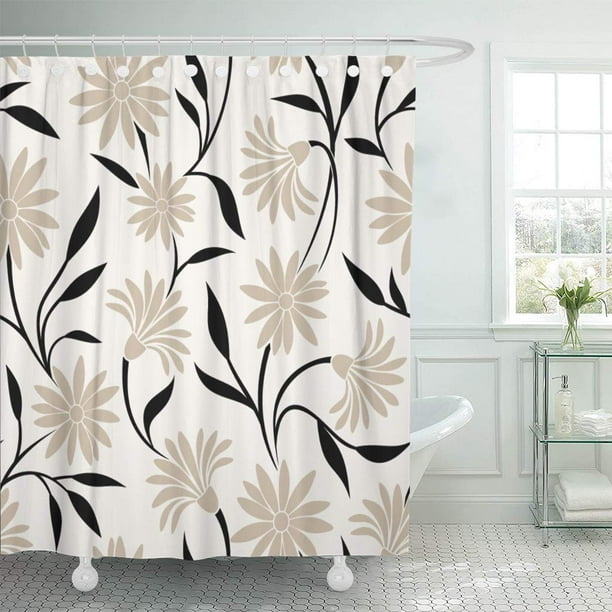 KSADK Brown Abstract with Beige Flowers and Black Leaves on White