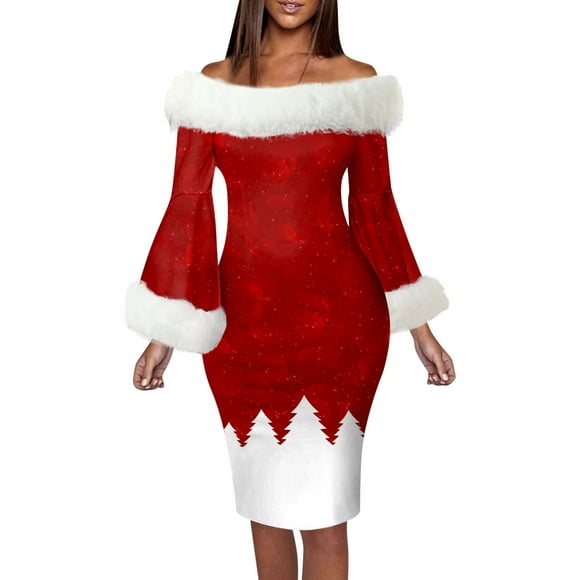 TJAZFJPA Womens Beach Dress Womens Autumn and Winter Elegant Christmas Print Patchwork Off the Shoulder Long Sleeve Party Dresses Cocktail Dresses Plus Size Black Dress