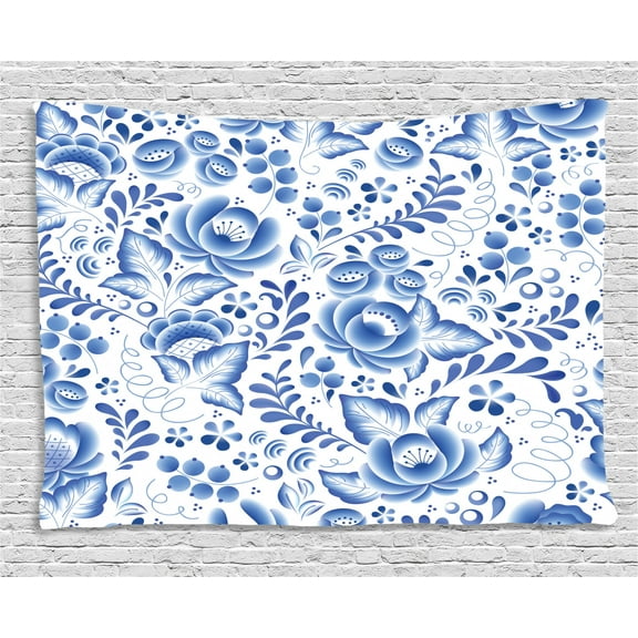Vintage Blue Tapestry, Chinese Style Traditional Motif Floral Pattern with Berries Leaves, Wall Hanging for Bedroom Living Room Dorm Decor, 60W X 40L Inches, Cobalt Blue and White, by Ambesonne