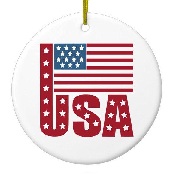 DistinctInk Hanging Ceramic Christmass Tree Ornament with Gold String - Great Gift / Present - 2 3/4 inch diameter - USA Flag Banner Red White & Blue