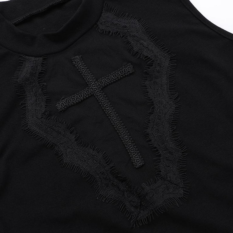 Y2K Goth Black Cross Sleeveless Basic Tank Tops Sexy Vintage Lace