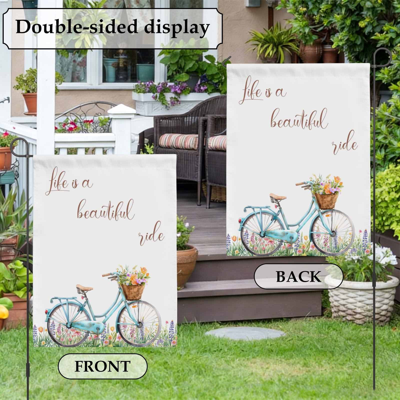 Life Is A Beautiful Ride House Flag 28 x 40 Inches, Pastoral Bikes Flower Field Leaves Weather Proof Outdoor Patio Flags Double Sided Small House Decoration for Yard Lawn Outside Home